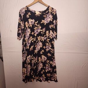 The Avenue Floral Rayon Midi Dress Black Purple Tan Vintage Style Size 16
